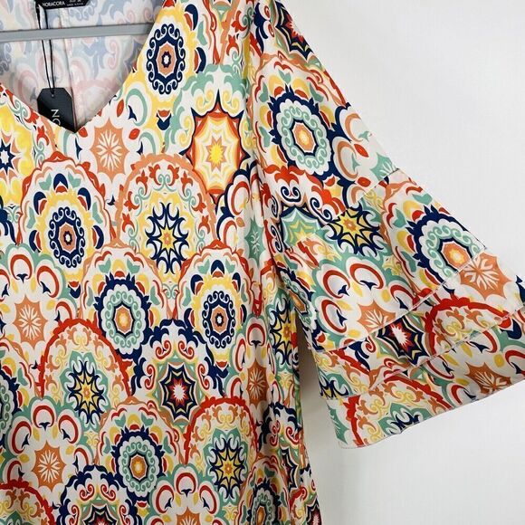 Noracora Sz Medium Printed Tiered Sleeve V-Neck Shift Dress Colorful Boho Hippie - Picture 3 of 5